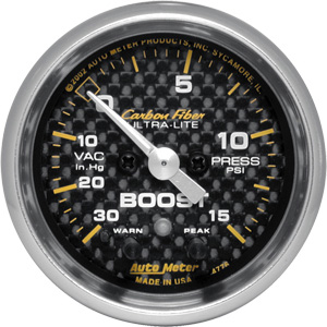 Autometer Carbon Fiber 2 1/16 Boost 15 PSI/Vacuum Gauge